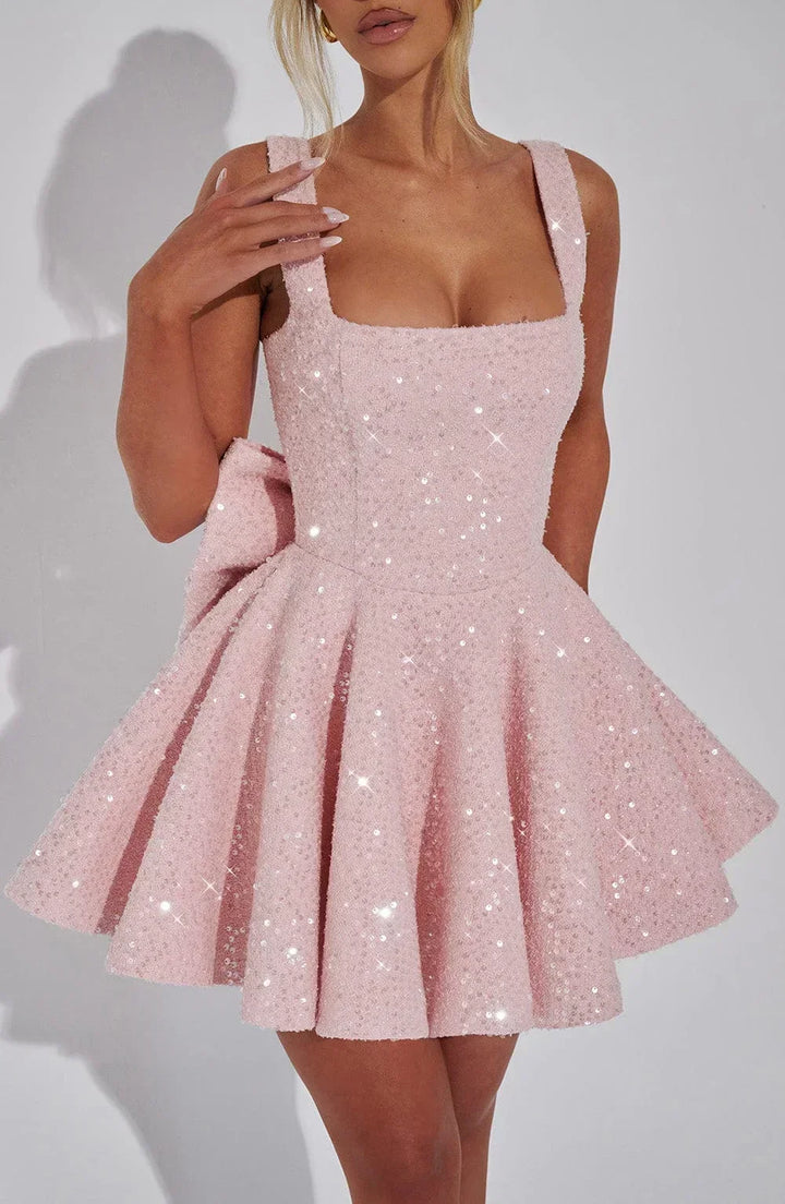 Robe courte en sequins pour femme avec bretelles et nœud