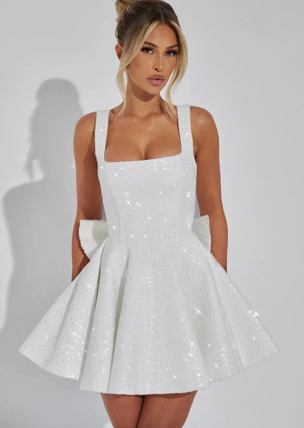 Robe courte en sequins pour femme avec bretelles et nœud