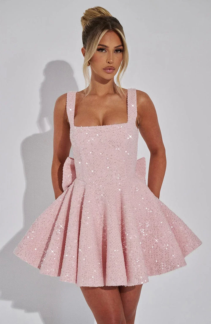 Robe courte en sequins pour femme avec bretelles et nœud